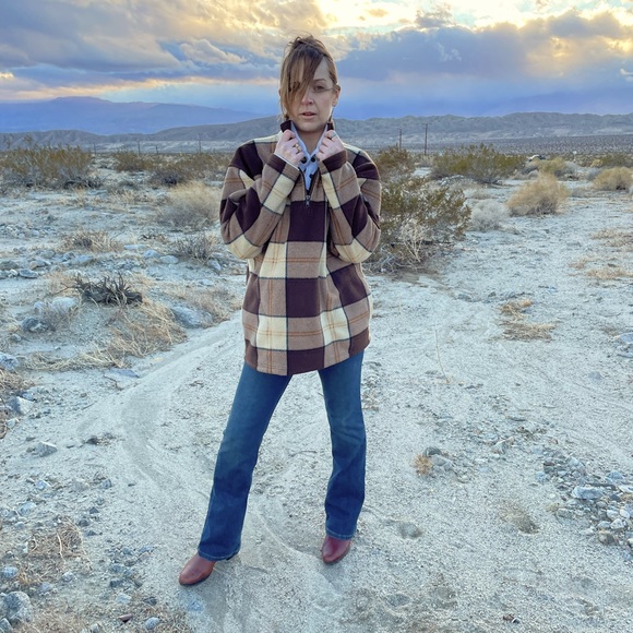 Lauren Ralph Lauren brown plaid 3/4 zip warm  oversized pullover sweater, unisex - Picture 1 of 15